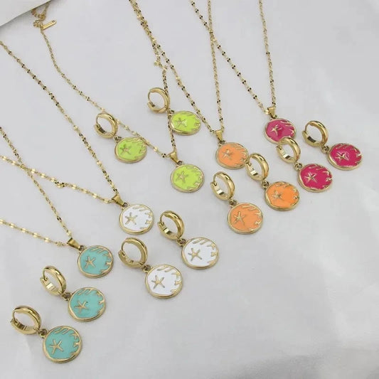 Multicolor Jewelry Set Starfish Pattern 18k Gold Plated Stainless Steel Pendant Necklace Waterproof Chains Choker Jewelry