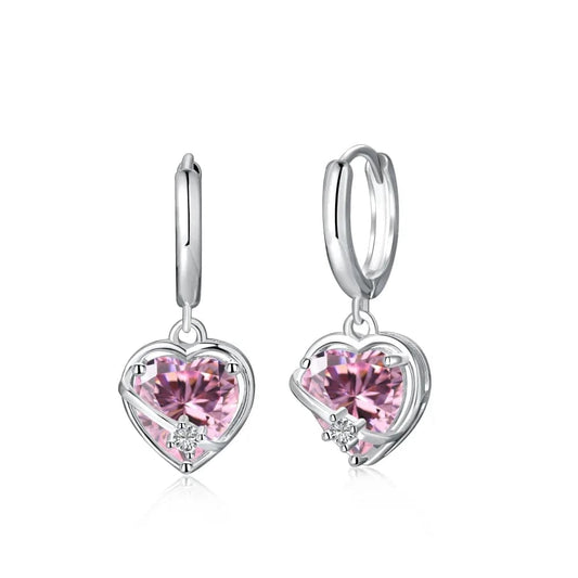 MW110001-S-W-PK Dylam Fashion Design Women Fine Jewelry Dangle Heart Pink Diamond Tiny 5A Zircon Hoop Earrings