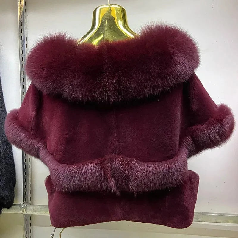 MWfur Fur Coat Short Women Fashion Luxury Fox Fur Trimmed Rex Rabbit Cape for Women