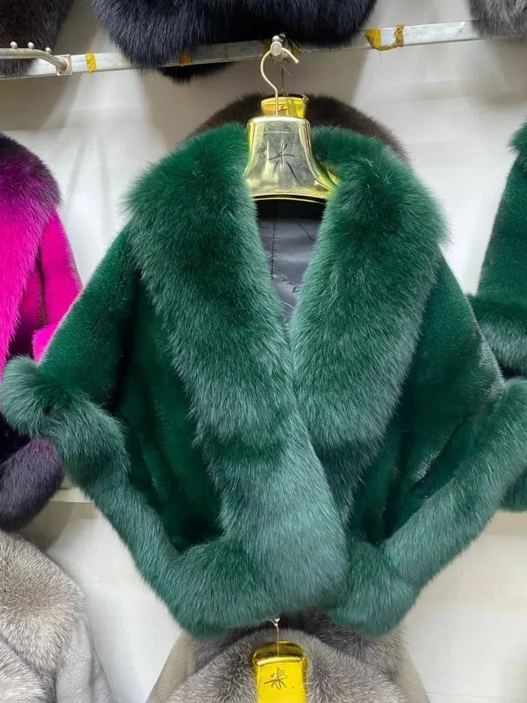 MWFur Luxury Women Natural Fox Fur Trimmed Rex Rabbit Fur Shawl for Party Thick Warmer Winter Fur Wedding Wrap for Adult