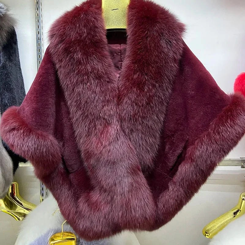 MWFur Luxury Women Natural Fox Fur Trimmed Rex Rabbit Fur Shawl for Party Thick Warmer Winter Fur Wedding Wrap for Adult
