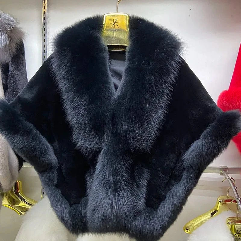 MWFur Luxury Women Natural Fox Fur Trimmed Rex Rabbit Fur Shawl for Party Thick Warmer Winter Fur Wedding Wrap for Adult