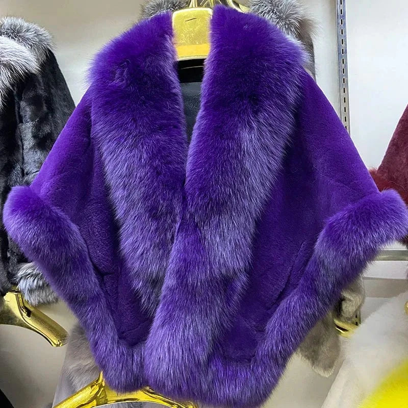 MWFur Luxury Women Natural Fox Fur Trimmed Rex Rabbit Fur Shawl for Party Thick Warmer Winter Fur Wedding Wrap for Adult