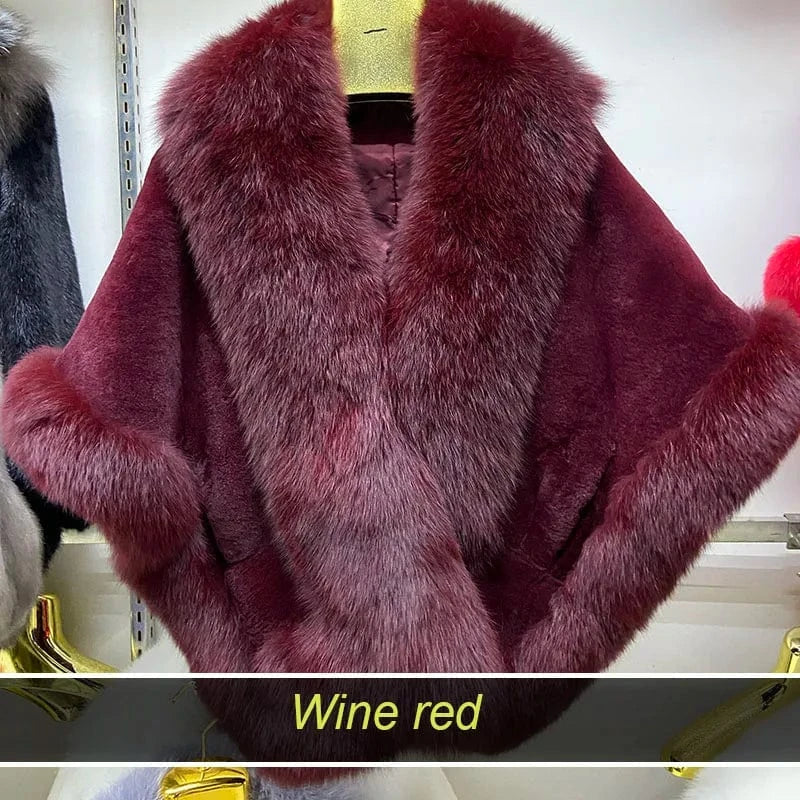 MWFur Luxury Women Natural Fox Fur Trimmed Rex Rabbit Fur Shawl for Party Thick Warmer Winter Fur Wedding Wrap for Adult