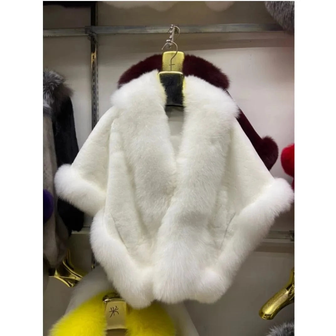 MWFur Luxury Women Natural Fox Fur Trimmed Rex Rabbit Fur Shawl for Party Thick Warmer Winter Fur Wedding Wrap for Adult
