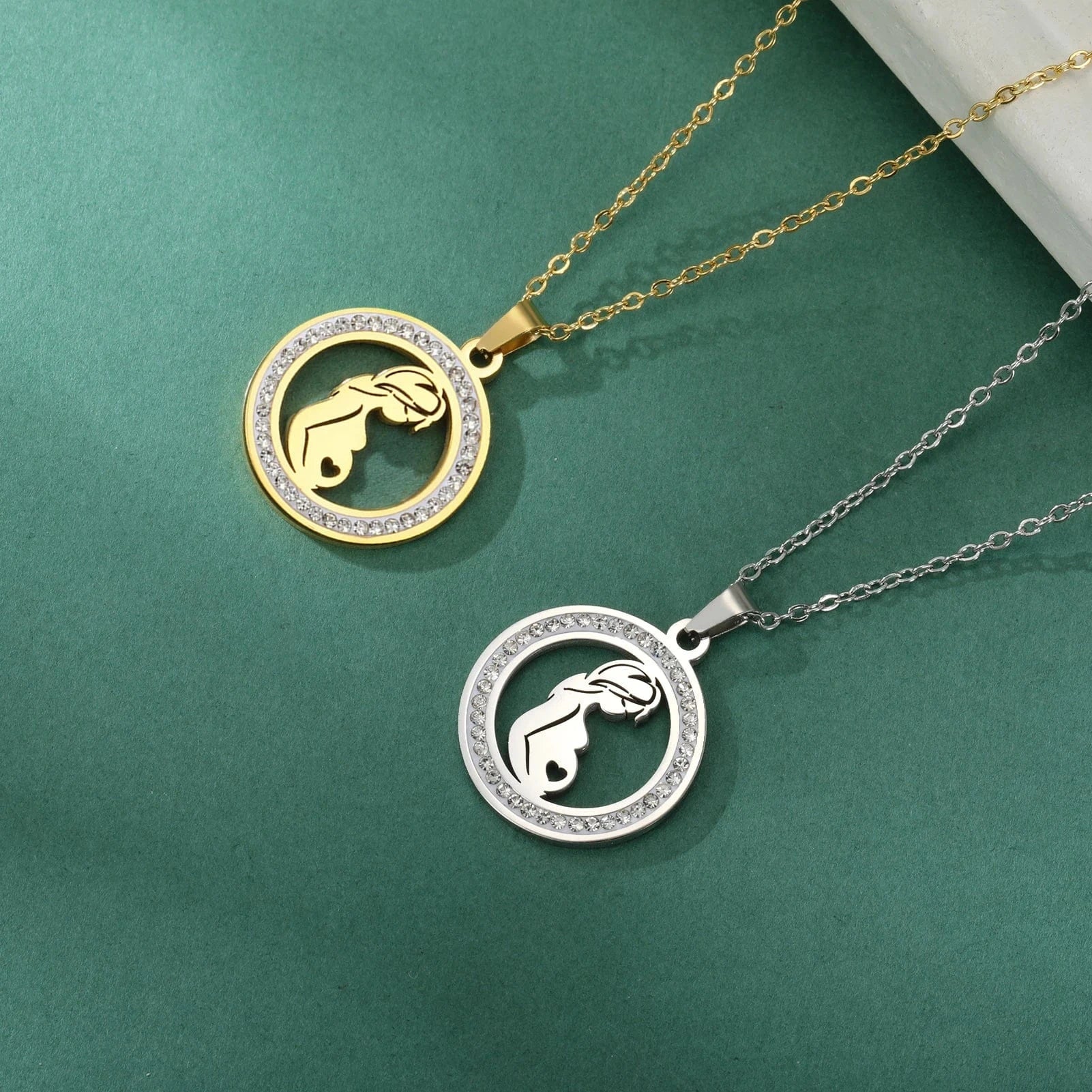 Myshape Family Mom Kid Baby Round Pendant Necklace Stainless Steel Gold Color Clear Zircon Chain Jewelry Mother's Day Gift 2024