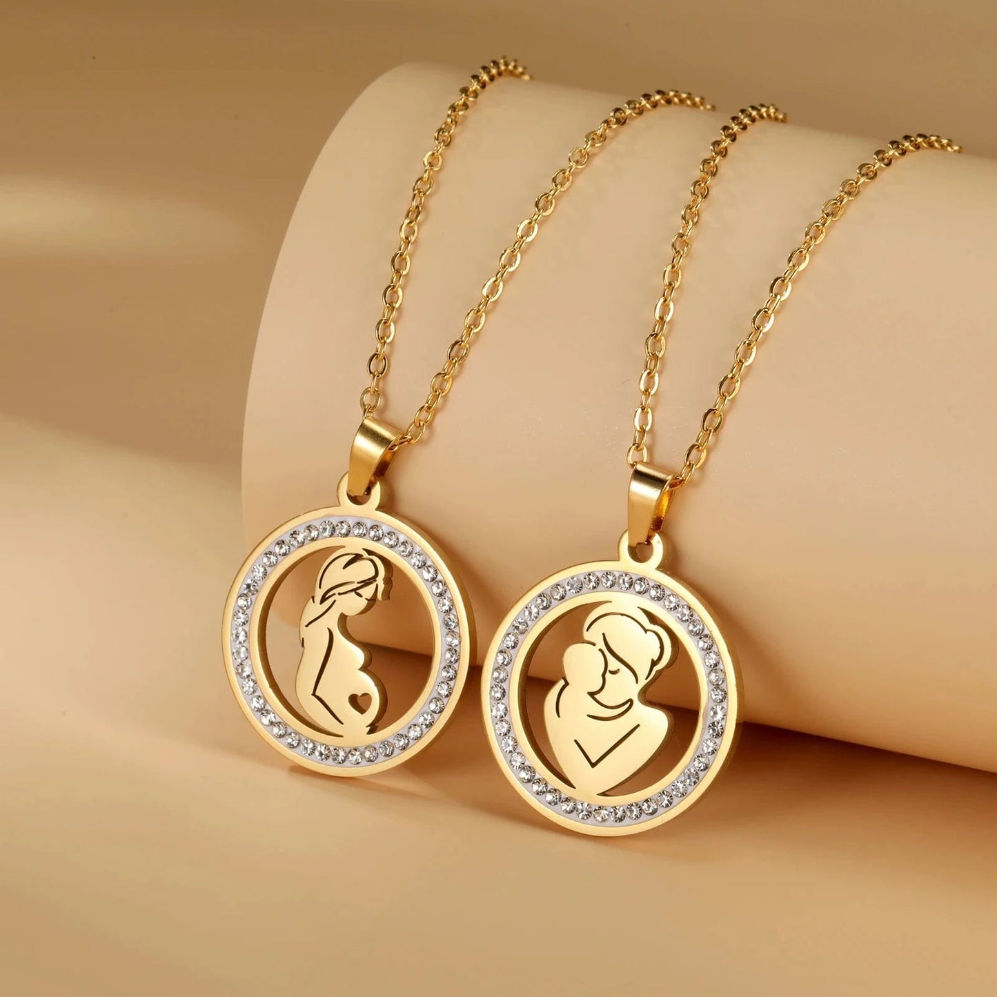 Myshape Family Mom Kid Baby Round Pendant Necklace Stainless Steel Gold Color Clear Zircon Chain Jewelry Mother's Day Gift 2024
