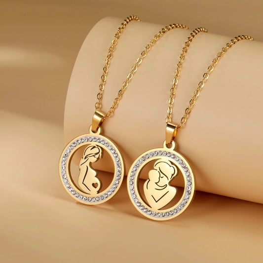 Myshape Family Mom Kid Baby Round Pendant Necklace Stainless Steel Gold Color Clear Zircon Chain Jewelry Mother's Day Gift 2024