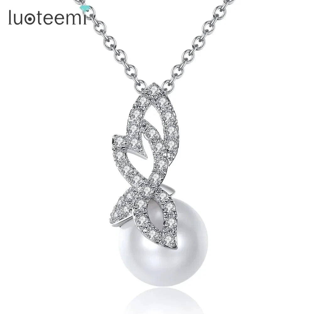 N17021604 LUOTEEMI White Gold Plated Cubic Zirconia Wholesale Fashion Girls New Modern Imitation Pearl Necklace