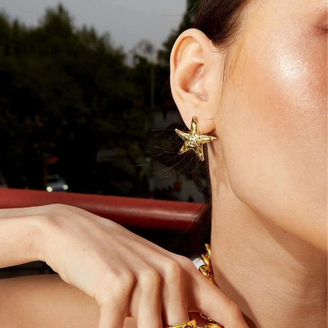 N1901 2024 New HOT 18k Gold Plated Tarnish Free Stainless Steel Original Starfish embossed thread Necklace Earrings Hawaiian Set