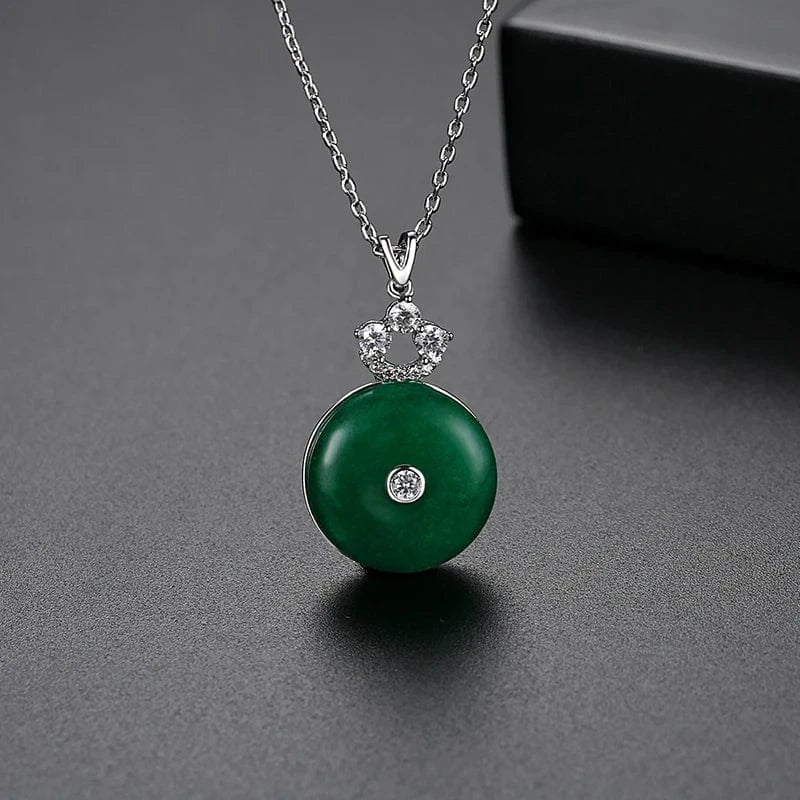 N19033006 LUOTEEMI Jade Necklace Jewelry Brass Link Cage Round Flower Zircon with Green Jade Pendant Necklace