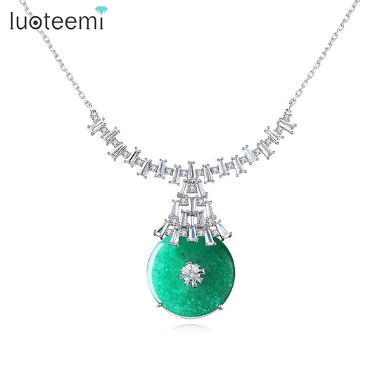 N19062843 LUOTEEMI Green Round Jard Pure Stone Necklace Brass Chain Pendant Necklace for Women GIfts Wholesale