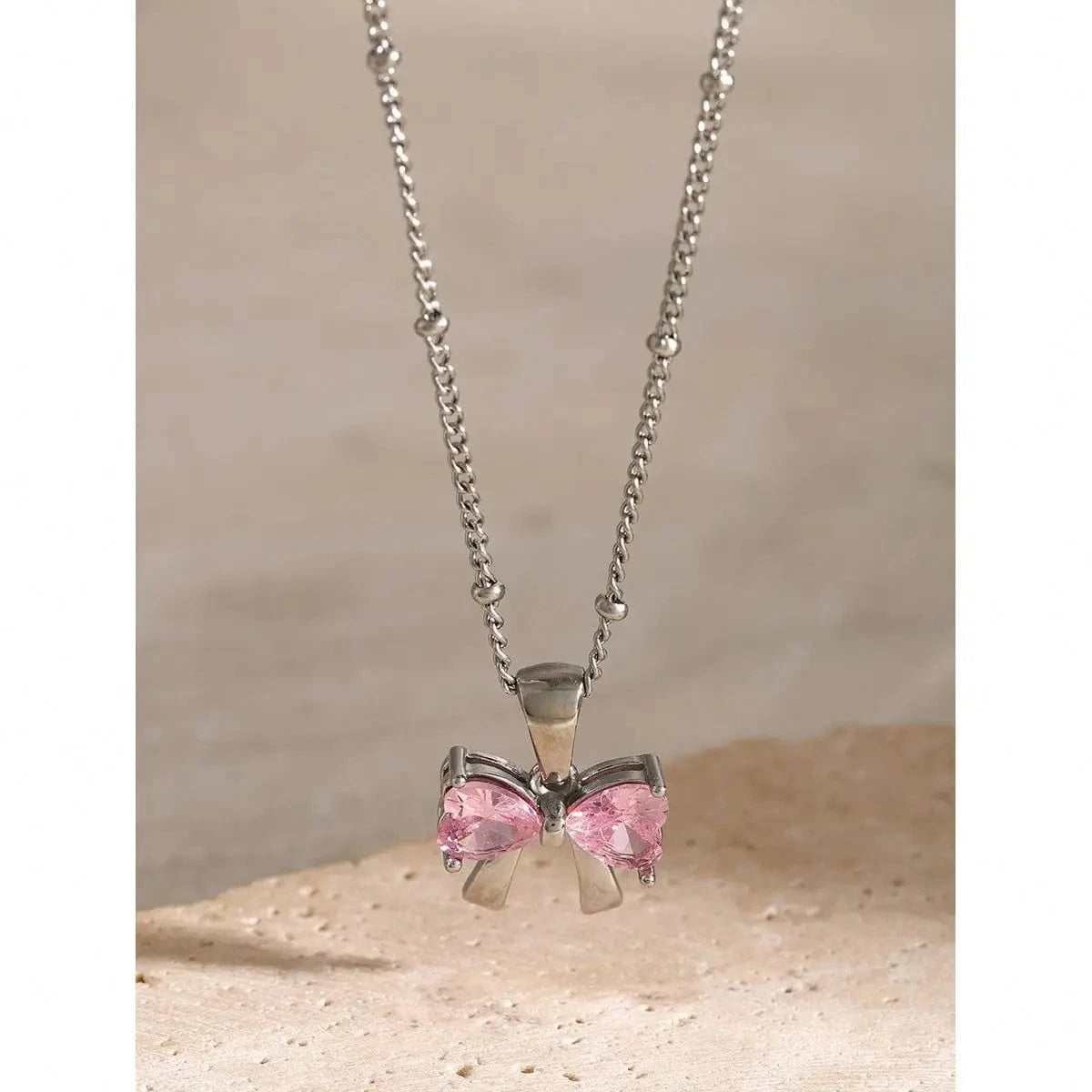 N2144 18K Gold Plated Stainless Steel Bow Knot White Cubic Zirconia Pendant Necklace, 40+5cm