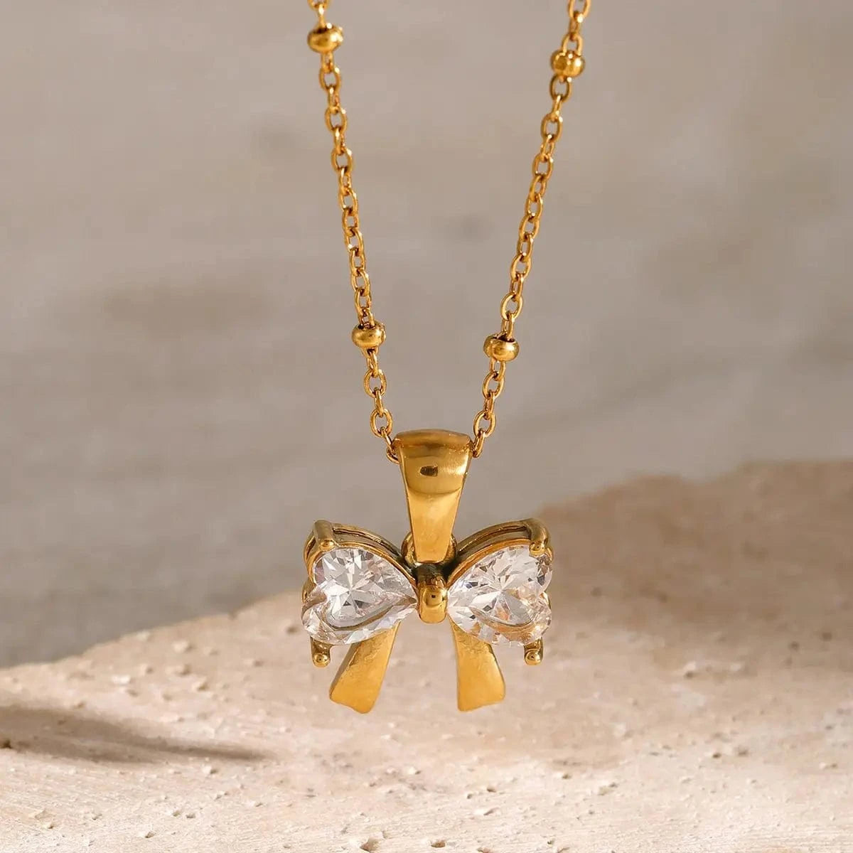 N2144 18K Gold Plated Stainless Steel Bow Knot White Cubic Zirconia Pendant Necklace, 40+5cm