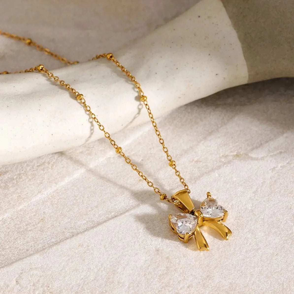 N2144 18K Gold Plated Stainless Steel Bow Knot White Cubic Zirconia Pendant Necklace, 40+5cm