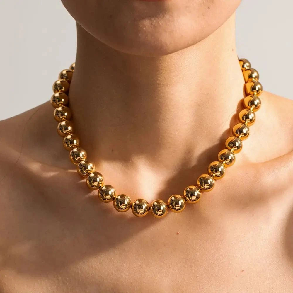 N2214 8mm 10mm 12mm Chunky Beads Necklace 18K PVD Brass Tarnish-free Beads Necklace Plated Jewelry Set For Women
