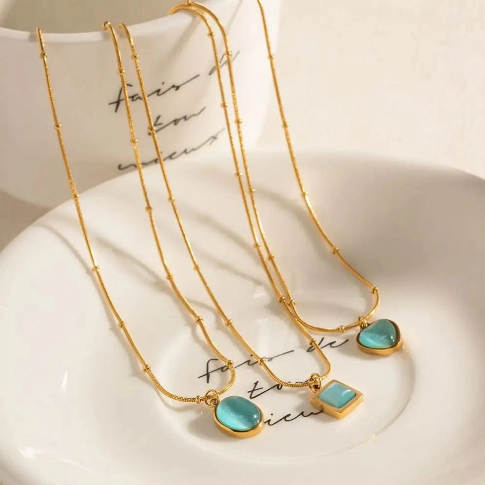 N2268 New Arrival 18K Gold Plated Stainless Steel Blue Cat Eye Natural Stone Oval Square Pendant Necklace Set for Women