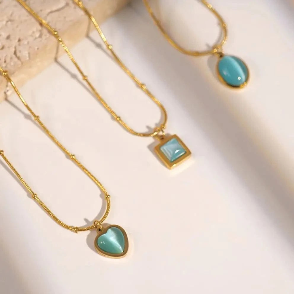 N2268 New Arrival 18K Gold Plated Stainless Steel Blue Cat Eye Natural Stone Oval Square Pendant Necklace Set for Women
