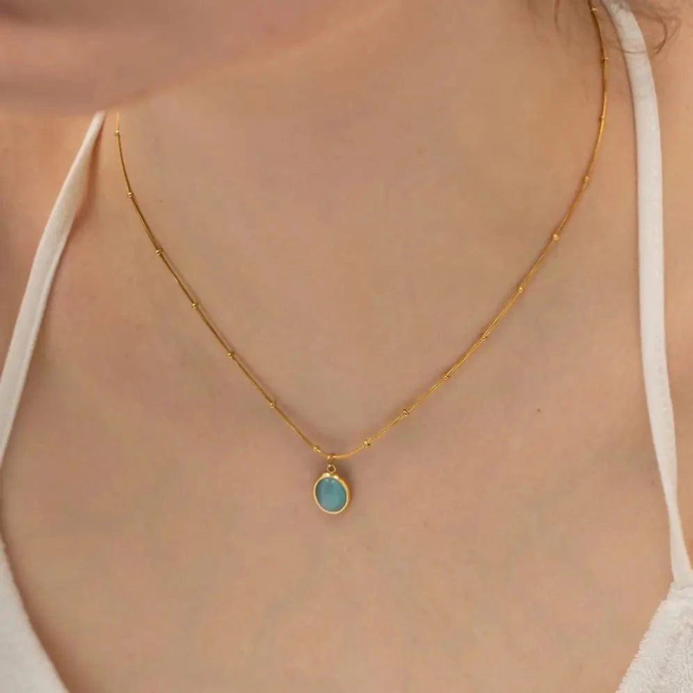N2268 New Arrival 18K Gold Plated Stainless Steel Blue Cat Eye Natural Stone Oval Square Pendant Necklace Set for Women