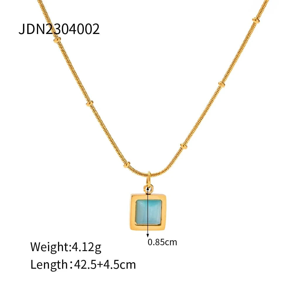 N2268 New Arrival 18K Gold Plated Stainless Steel Blue Cat Eye Natural Stone Oval Square Pendant Necklace Set for Women