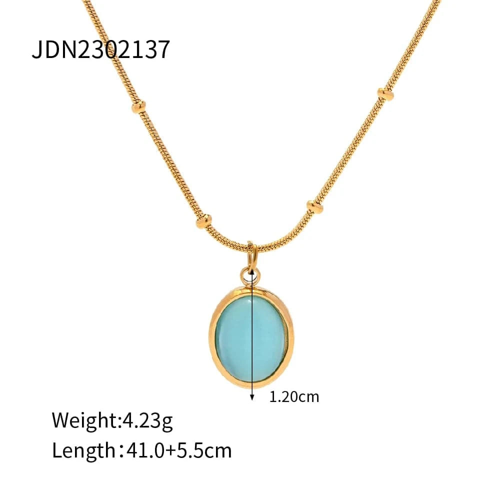N2268 New Arrival 18K Gold Plated Stainless Steel Blue Cat Eye Natural Stone Oval Square Pendant Necklace Set for Women
