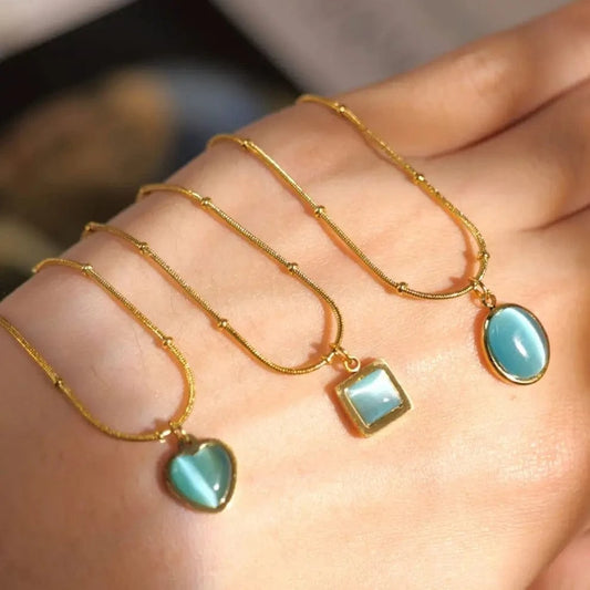 N2268 New Arrival 18K Gold Plated Stainless Steel Blue Cat Eye Natural Stone Oval Square Pendant Necklace Set for Women