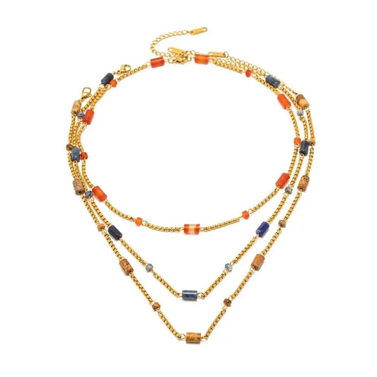 N2323 Charm 18K Gold Plated Stainless Steel Jewelry Gift Natural Geometric Lapis Lazuli Red Agate Choker Necklace