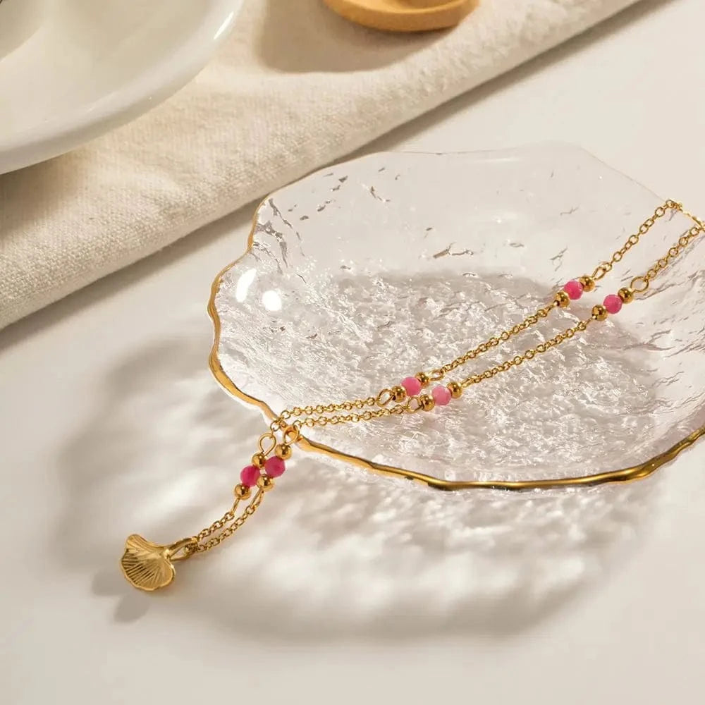 N2325 18K Gold Plated Stainless Steel Jewelry Set Charm Natural Stone Lapis lazuli Leaves Pendant Necklace for Women