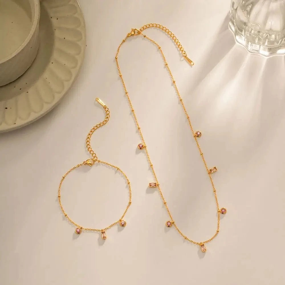 N2336 18K Gold Plated Stainless Steel Bracelet Jewelry Set Dainty Mulit Cubic Zirconia Dainty Choker Necklace Set