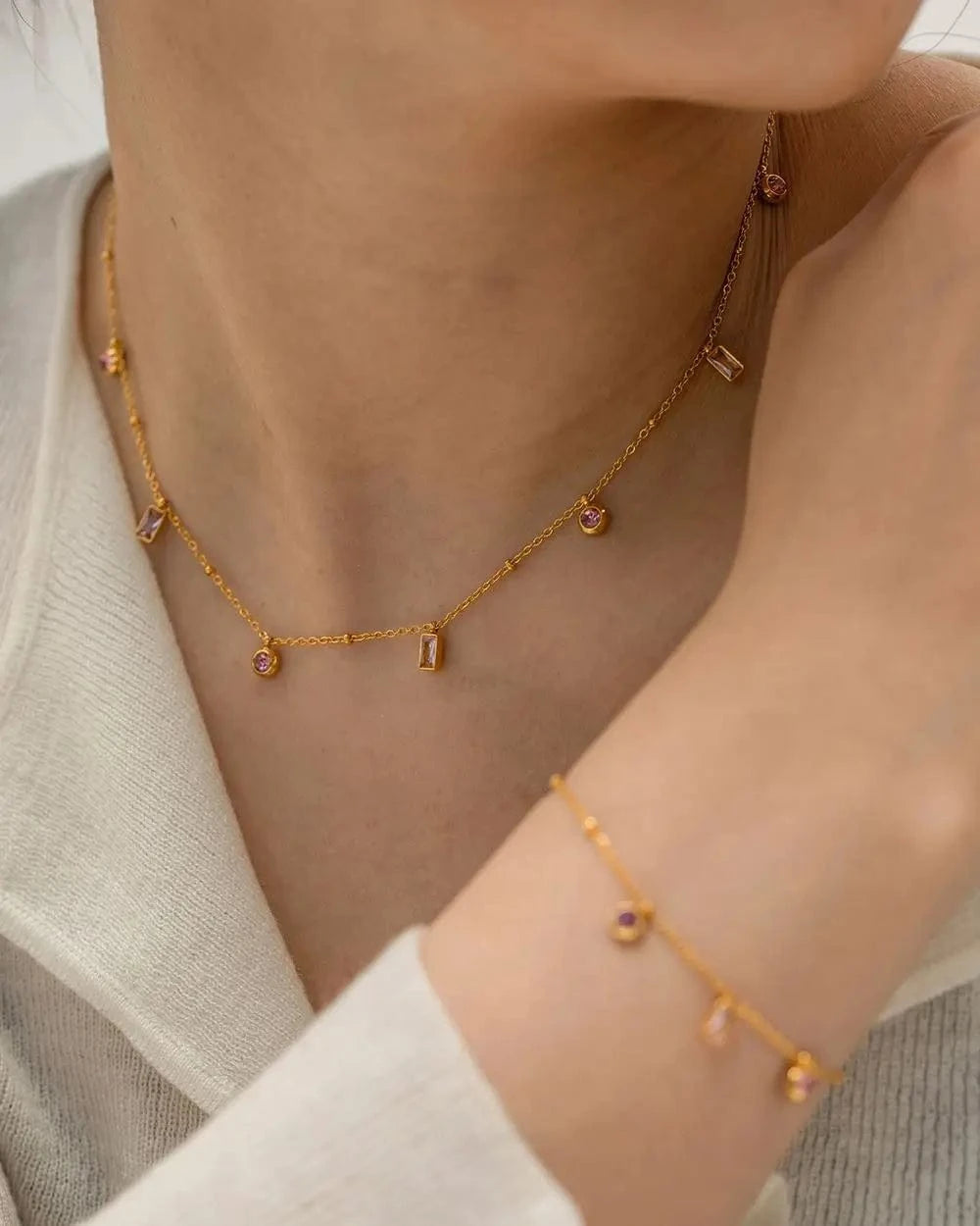 N2336 18K Gold Plated Stainless Steel Bracelet Jewelry Set Dainty Mulit Cubic Zirconia Dainty Choker Necklace Set