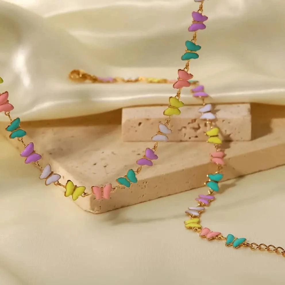 N2438 18k Gold Stainless Steel Dripping oil Bracelets Colorful Enamel Butterfly Choker Necklace Set