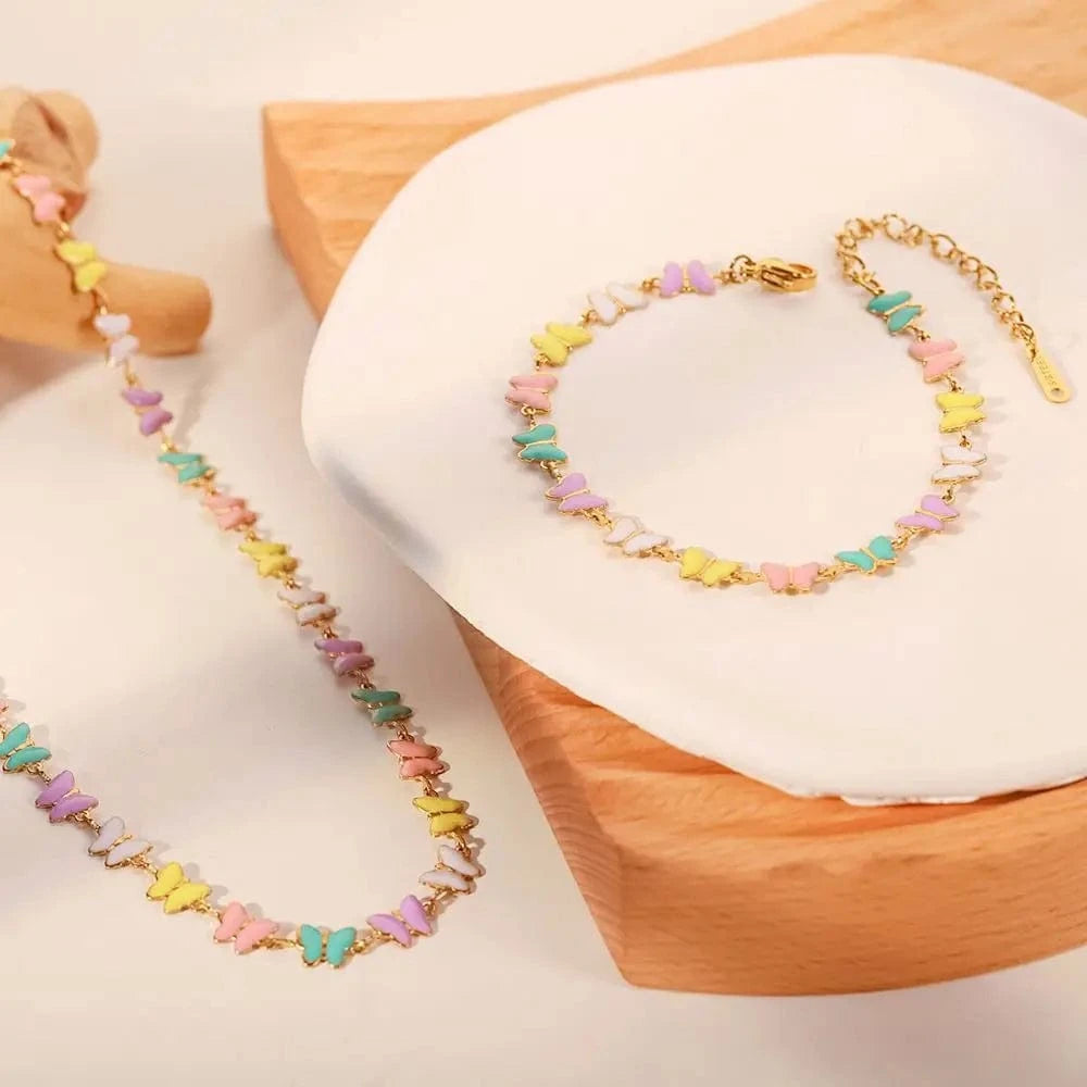N2438 18k Gold Stainless Steel Dripping oil Bracelets Colorful Enamel Butterfly Choker Necklace Set