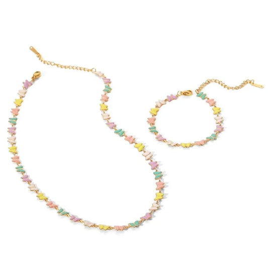 N2438 18k Gold Stainless Steel Dripping oil Bracelets Colorful Enamel Butterfly Choker Necklace Set