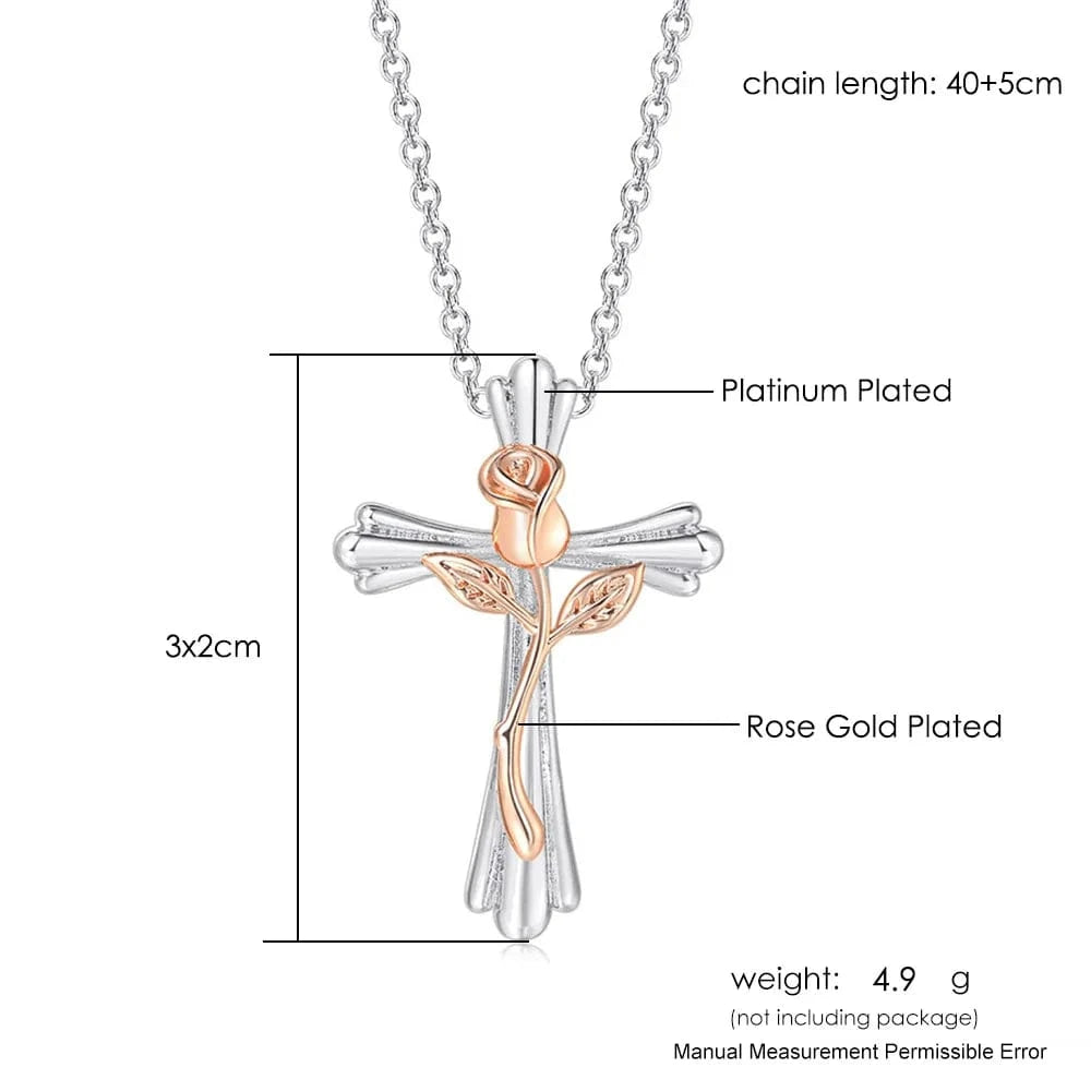 N260 Rose Cross Necklace For Women  Aesthetic Double Color Plated Flower Pendant Choker Chain Christmas Gift Jewelry LAMOON