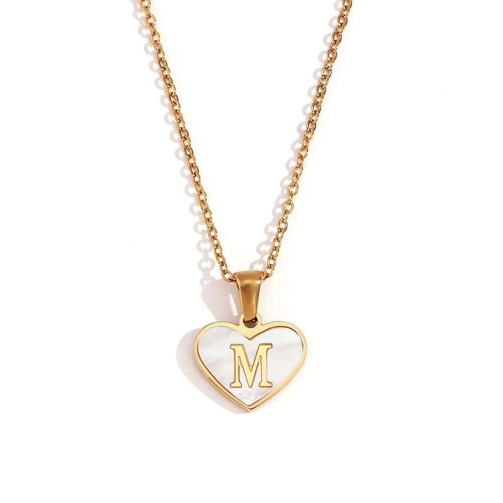 N3185_Gold_M Shell Heart Pendant Necklace Initial Letter Jewelry Set Gold Plated Necklace 316L Stainless Steel Jewelry
