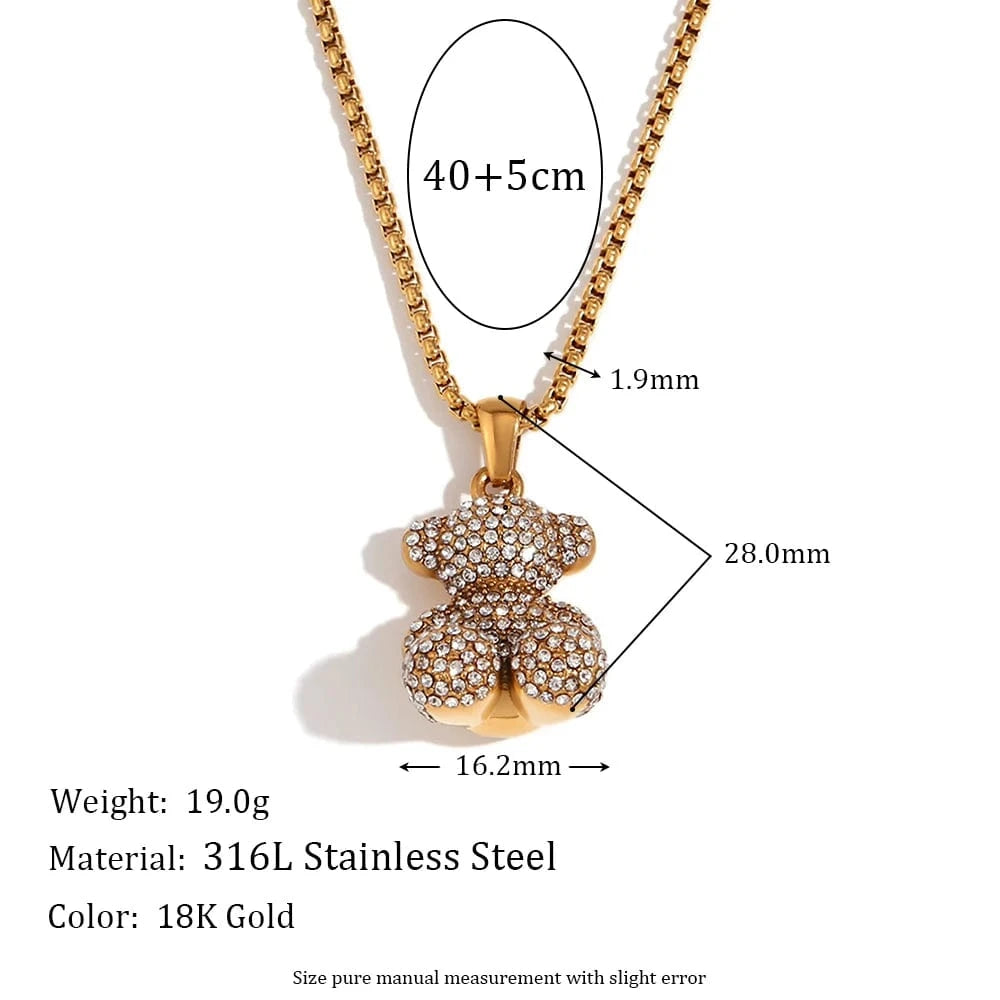 N3190_Gold Shining Zircon Party Jewelry Cute Bear Pendant Necklace Gold Plated Rope Chain Necklace Stainless Steel