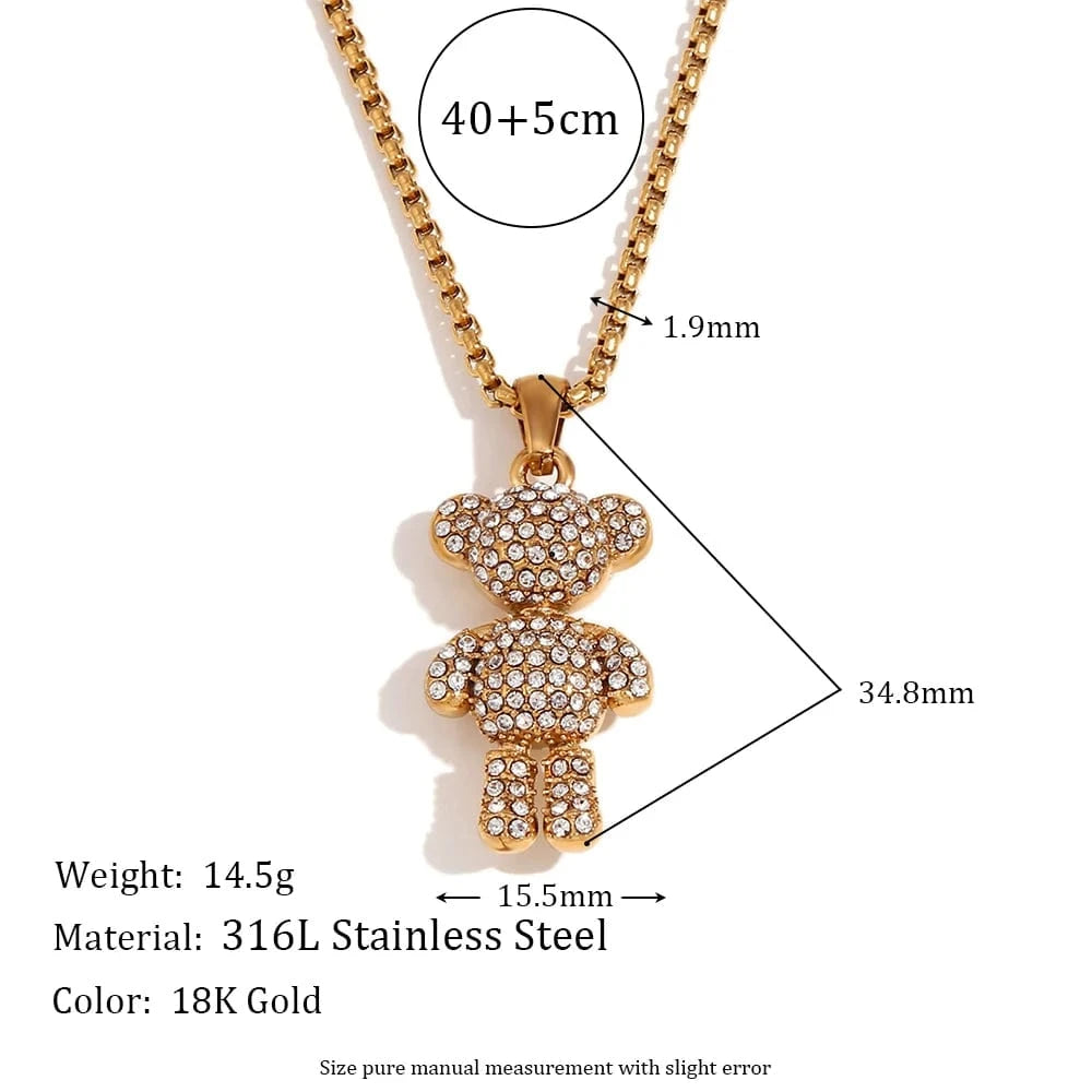 N3191_Gold Shining Zircon Party Jewelry Cute Bear Pendant Necklace Gold Plated Rope Chain Necklace Stainless Steel