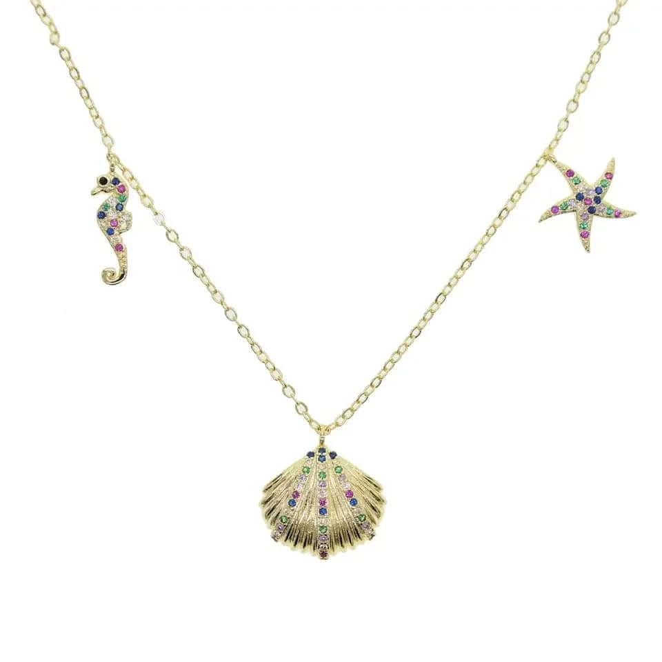 N519-G-35+10cm Gold Plated Fashion Women Jewelry 5A CZ Colorful Enamel 2023 Summer Beach Hot Sea Shell Necklace