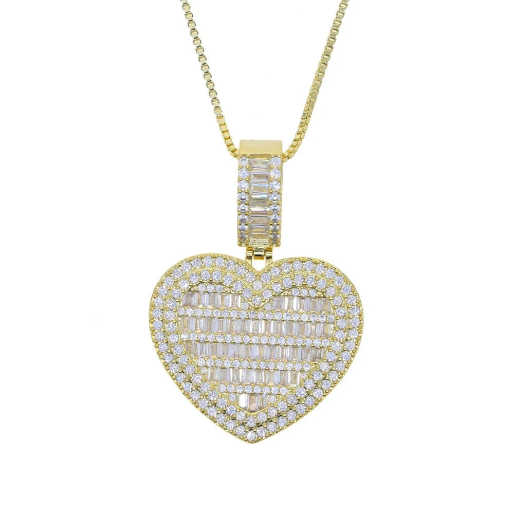 N728+N049-Gold 2024 Valentine's Day Gift new fashion iced out bling rectangle cz heart shaped pendant women necklace wholesale in stock