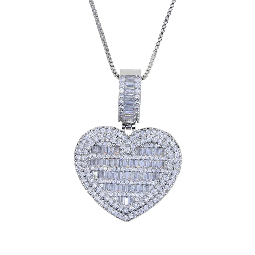 N728+N049-Silver 2024 Valentine's Day Gift new fashion iced out bling rectangle cz heart shaped pendant women necklace wholesale in stock