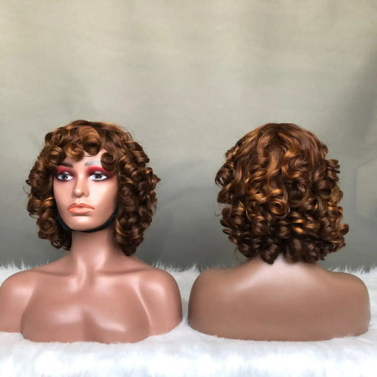 natural color / 12 Inches Mink Brazilian Human Hair Lace Wigs Medium Size Piano Color Bouncy Lace Front Wigs For African Woman
