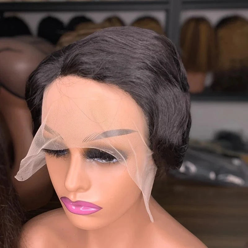 Natural color / 6 Inches Pixie Cut Straight Short Bob Wig T Part Lace Wig Prepluck Brazilian Human Hair Transparent Lace Human Hair Wigs For Women