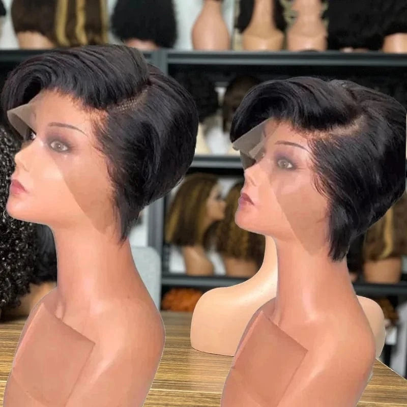 Natural color / 6 Inches Pixie Cut Straight Short Bob Wig T Part Lace Wig Prepluck Brazilian Human Hair Transparent Lace Human Hair Wigs For Women