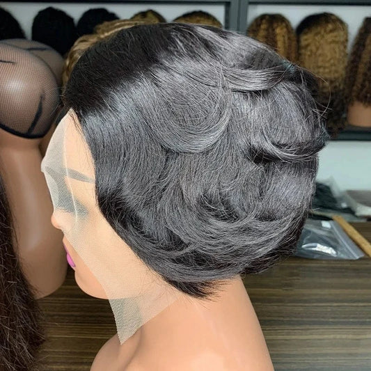 Natural color / 6 Inches Pixie Cut Straight Short Bob Wig T Part Lace Wig Prepluck Brazilian Human Hair Transparent Lace Human Hair Wigs For Women