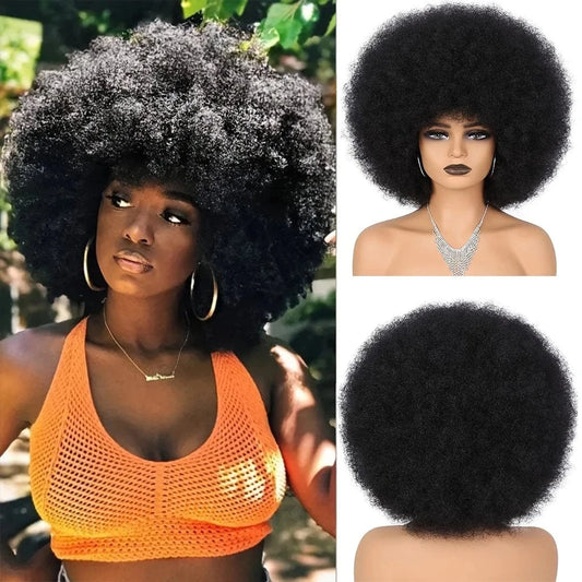 Natural Color / CHINA / 12inches|180% Newmi Hair Fluffy Kinky Curly Human Hair Wig With Thick Bangs 180% Density Glueless Brazilian Virgin None Lace Wig Natural Color