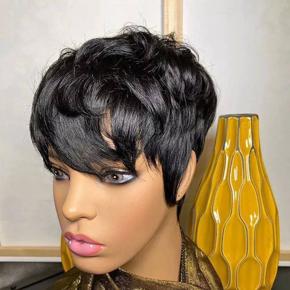 Natural Color / CHINA / 6inches Short Pixie Cut Wig Human Hair For Black Women Machine Made Wigs With Bangs Short Wig Human Hair Wigs