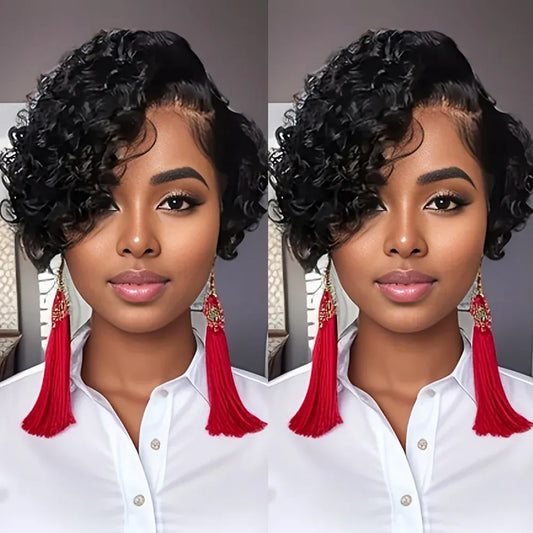 Natural Color / United States / 6inches Short Bob Wig Pixie Cut Curly Human Hair Wigs For Women Black Color 13x4x1 T part lace closure Deep Wave Lace Wig Preplucked Hai