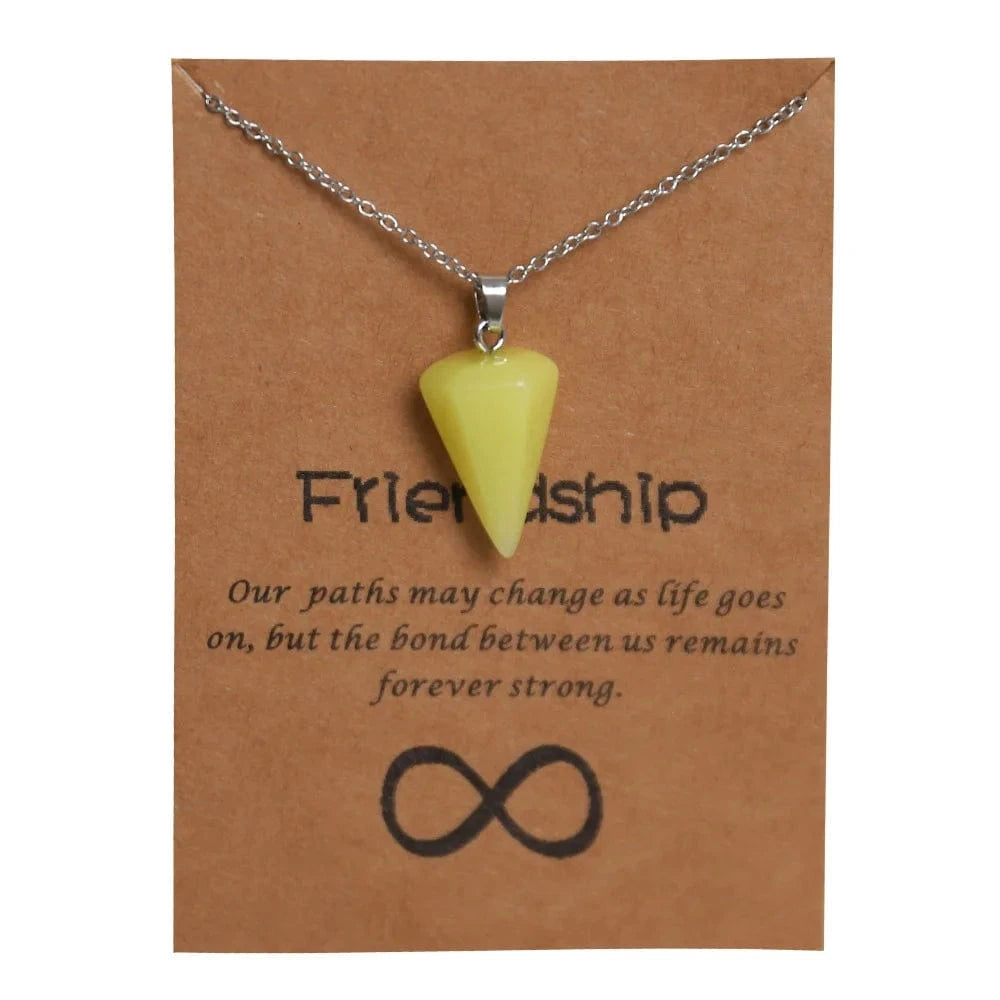 Natural Crystal Agate Luminous Stone Hexagonal Cone Hexagon Prism Pendant Stainless Steel Card Necklace Moonstone Necklace