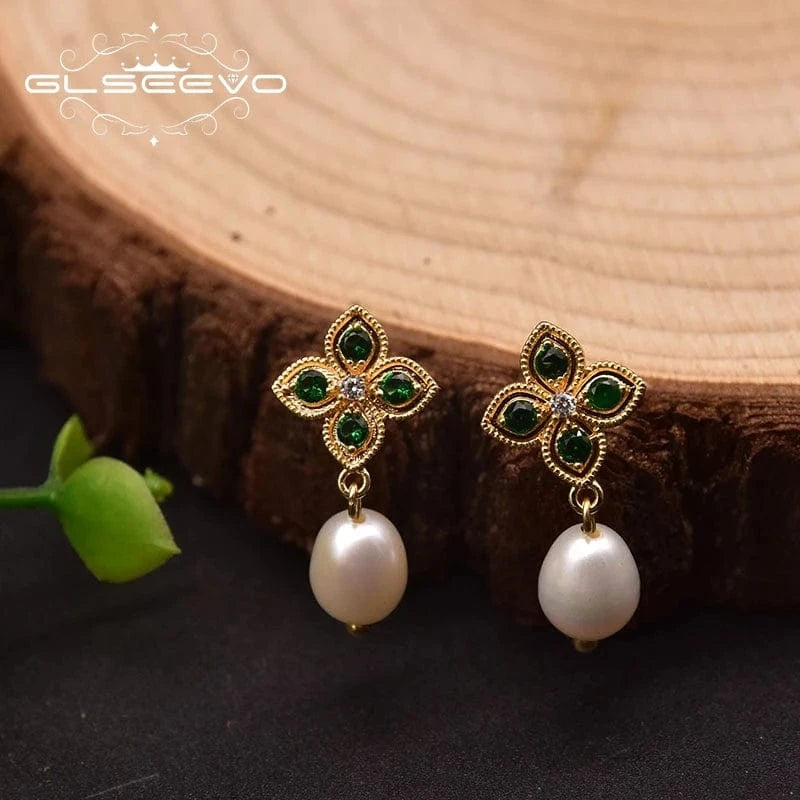 Natural freshwater pearl drop earrings 925 sterling silver ear pin emerald earrings for women vintage classy luxury fine jewelry