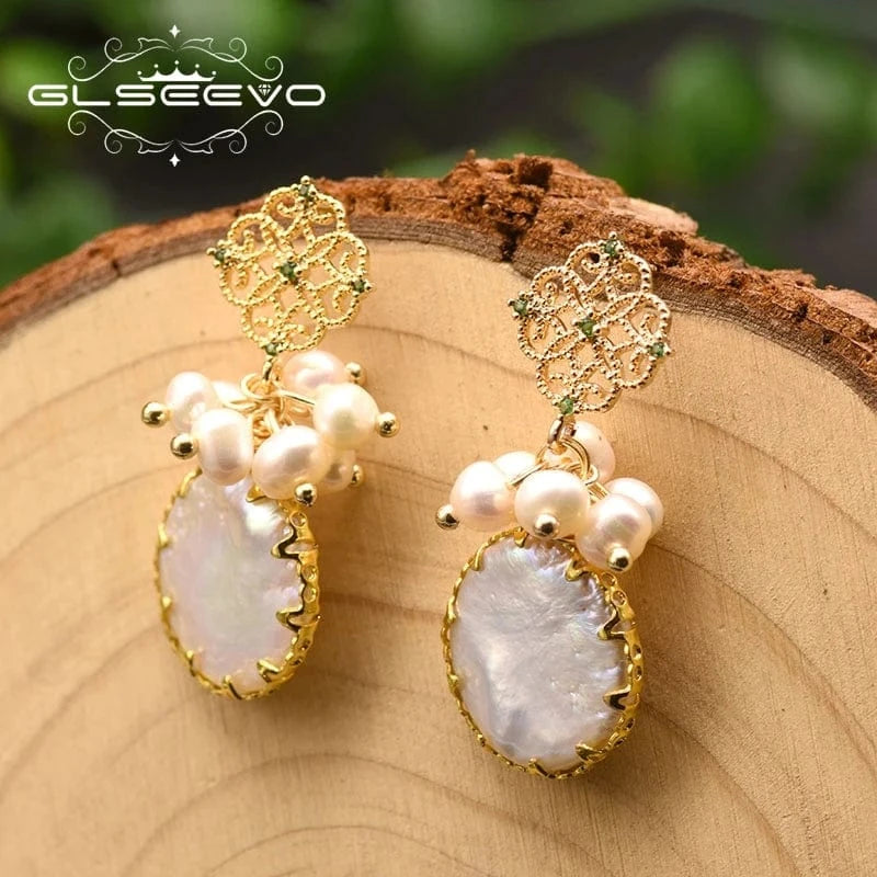 Natural Freshwater Pearl Drop Earrings For Women Bridal Baroque Statement Luxury Flower Dangle Earrings Fine Jewelry